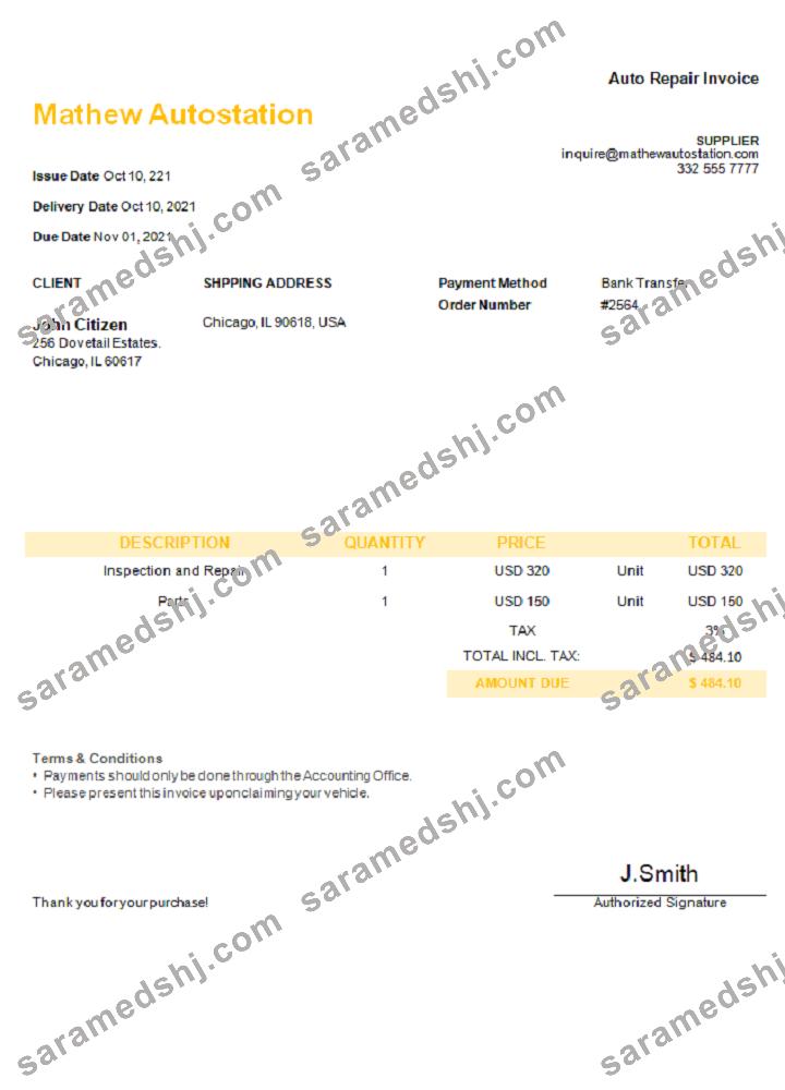 USA Mathew Autostation invoice